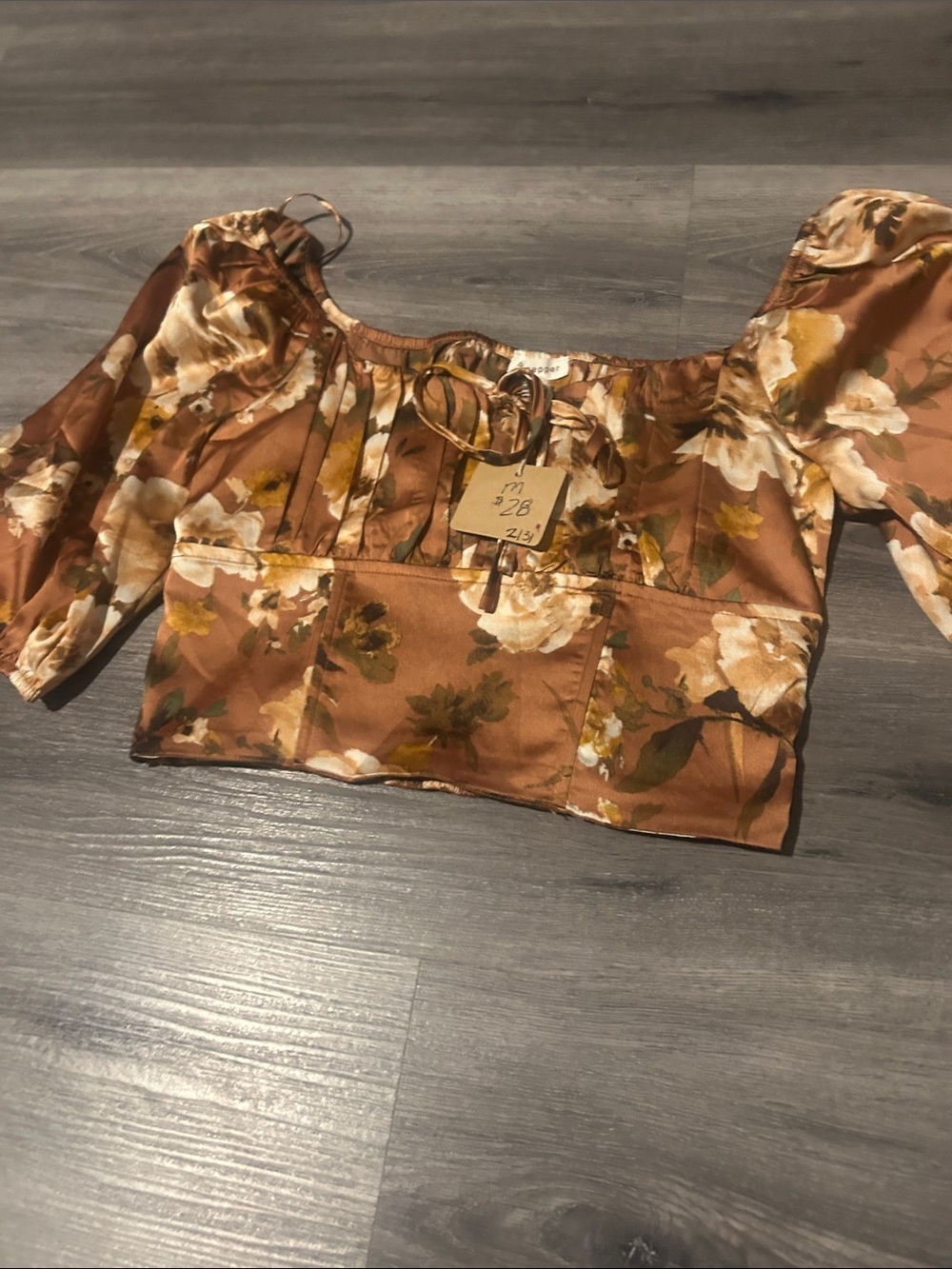Floral Rust Brown Puff Sleeve Crop Top